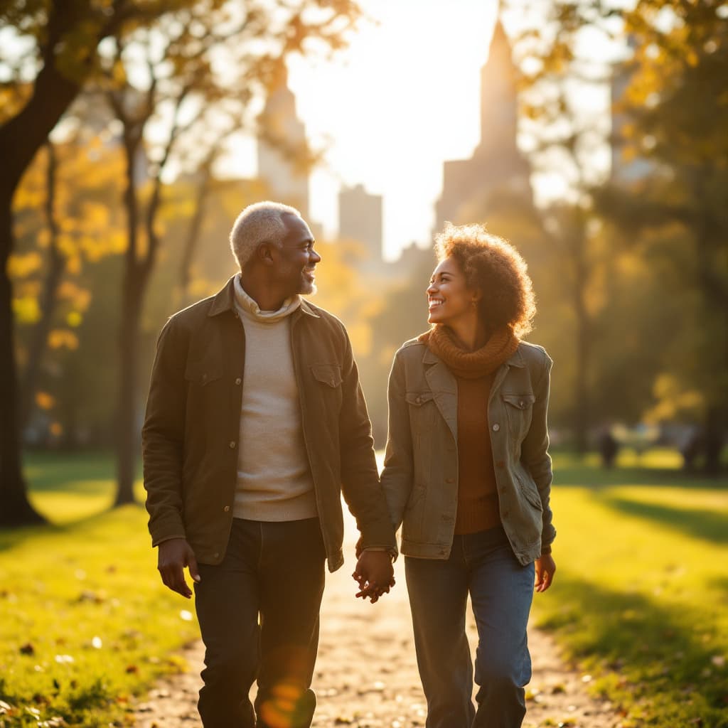 AI generated: A black older couple walking holding hands in Central Park sun blaring down in their faces