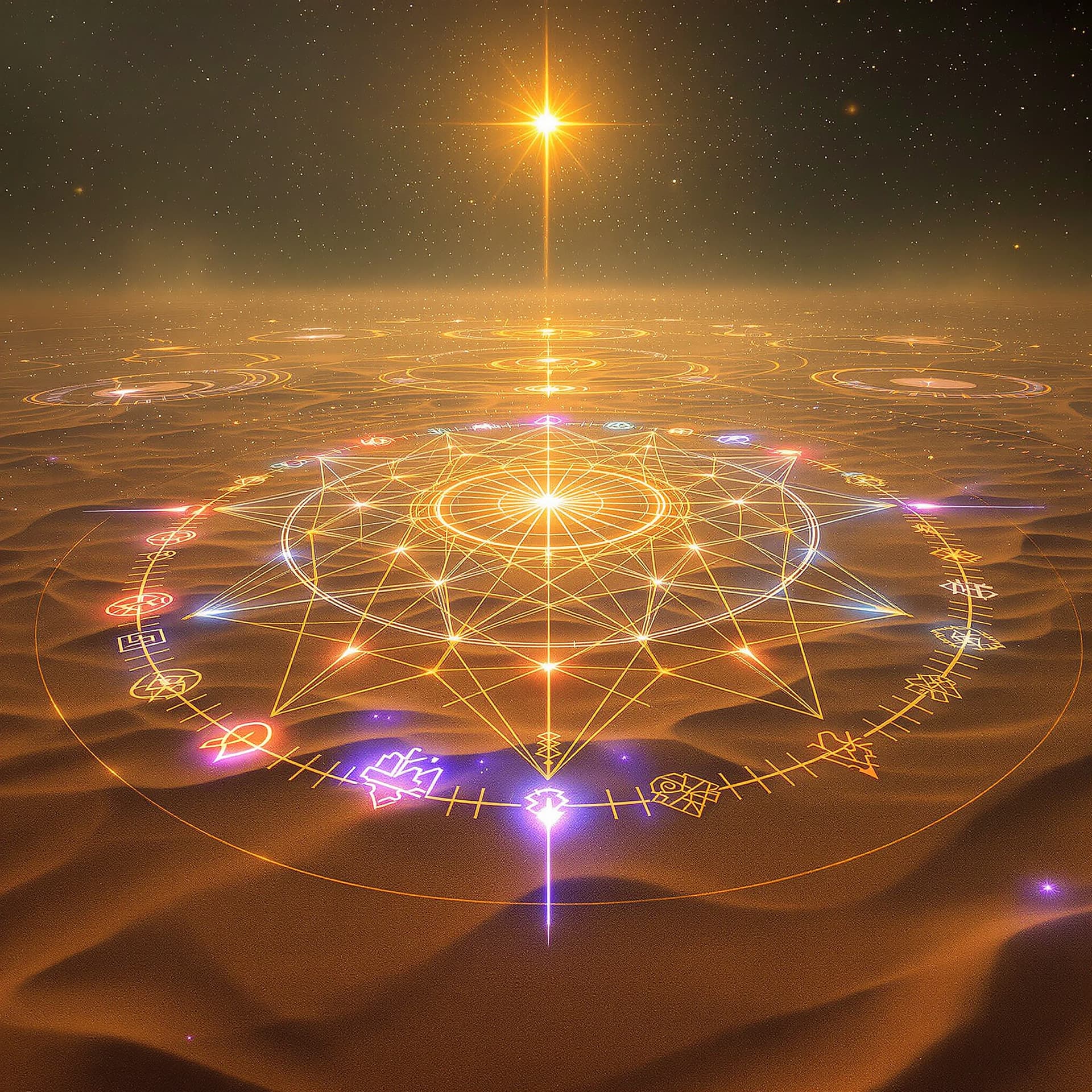 AI generated: A vast desert floor covered in intricate mystical symbols drawn with colored sand, gentle winds lift...