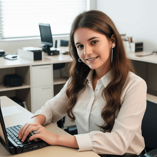 AI generated: A young female customer service officer with wavy brown hair is wearing a white blouse and lheadset,...
