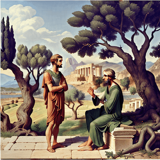 AI generated: Full height side view Portrait of a young philosopher Aristotle talking to an older philosopher Plat...