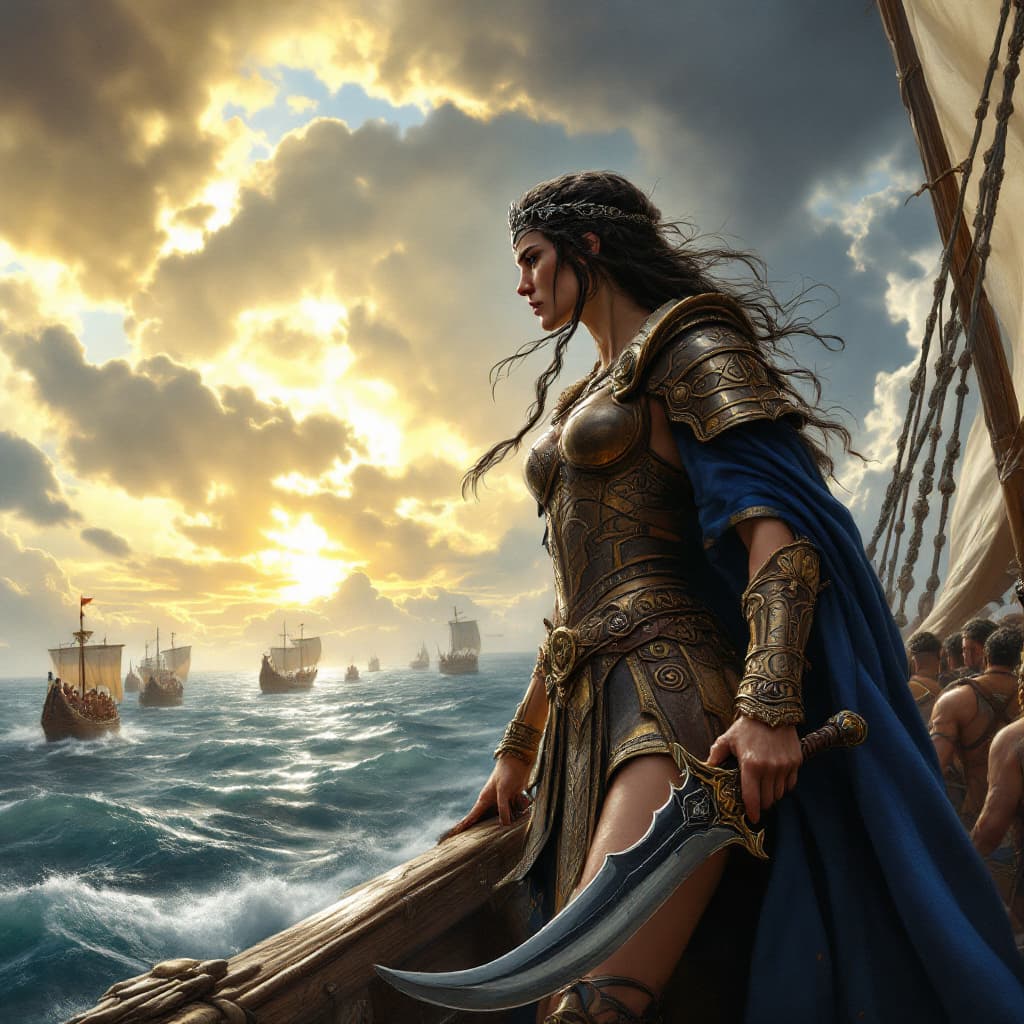 AI generated: Prompt: A powerful and determined Queen Teuta of Illyria stands at the prow of her warship, sailing ...