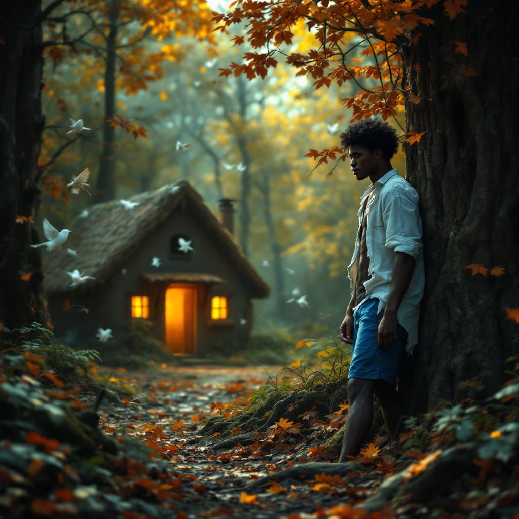 AI generated: Somewhere far from home, a young dark man finds himself lost in the forest barefooted in blue shorts...