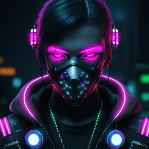 AI generated: cyberpunk hacker, metal mesh mask, neon colors neon light, masterpiece, epic scene, highly detailed
