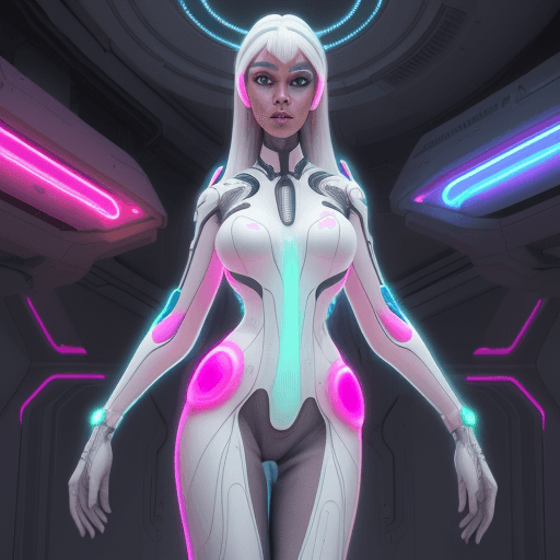 AI generated: a woman in futuristic dress is posing in front of a neon light, in the style of realistic hyper-deta...