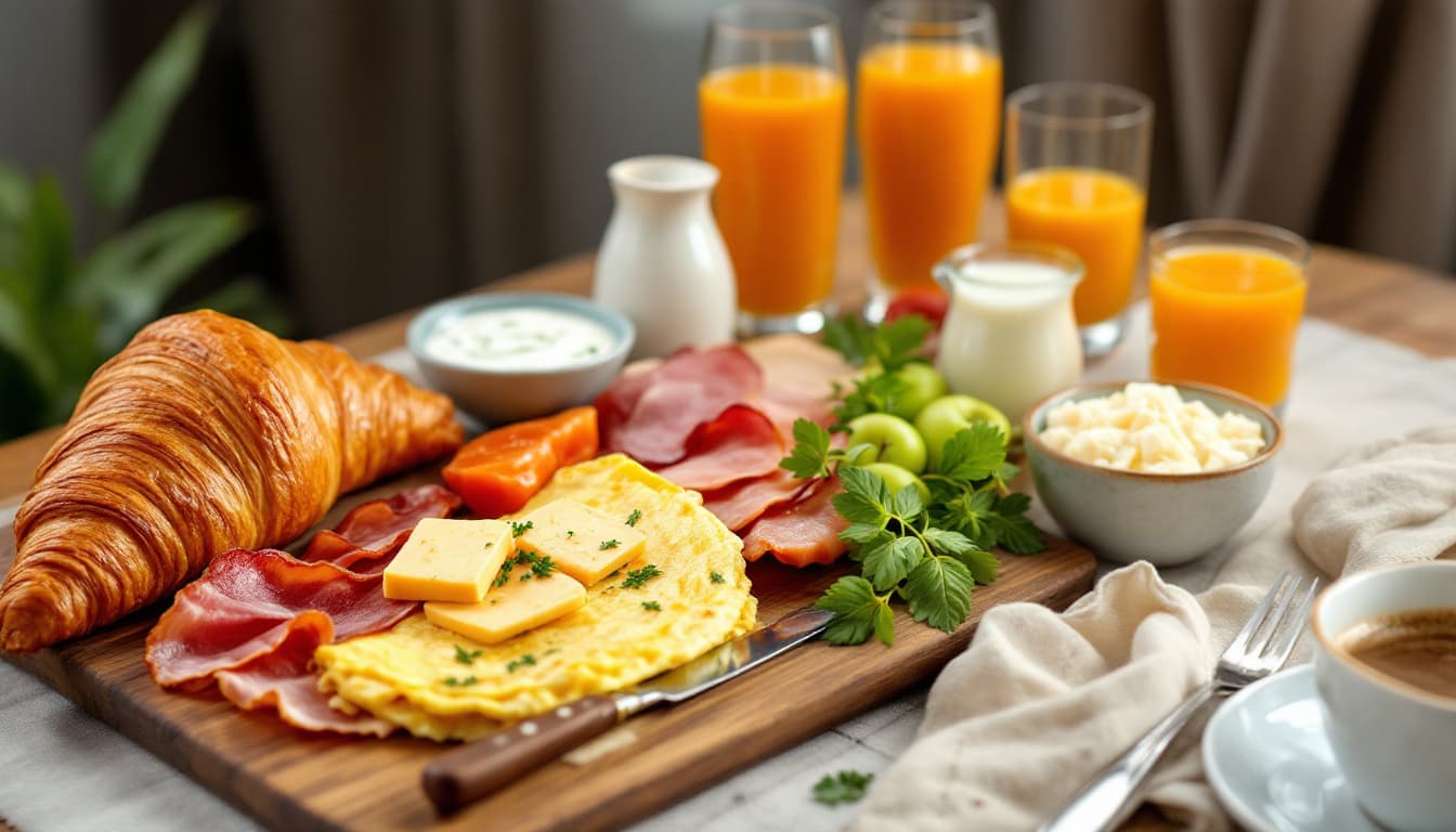 AI generated: healthy breakfast table consisting of a croissant, omelet, bacon, ham, cheese, marmalade, smoked sal...