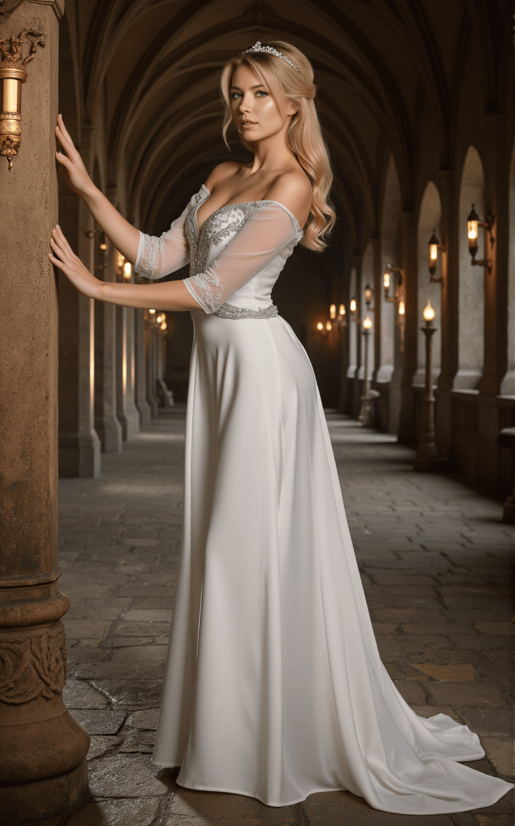 AI generated: In the grand hallway of a medieval castle, a princess stands gracefully by an intricately carved sto...