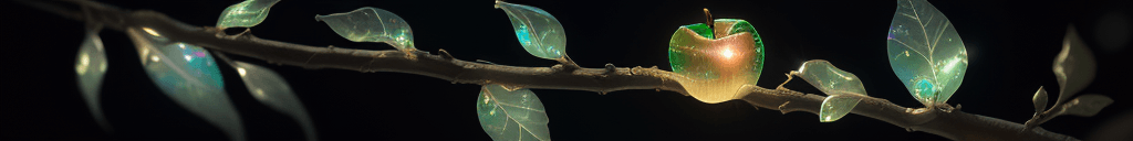 AI generated: a delicate apple made of opal hung on branch in the early morning light, adorned with glistening dew...