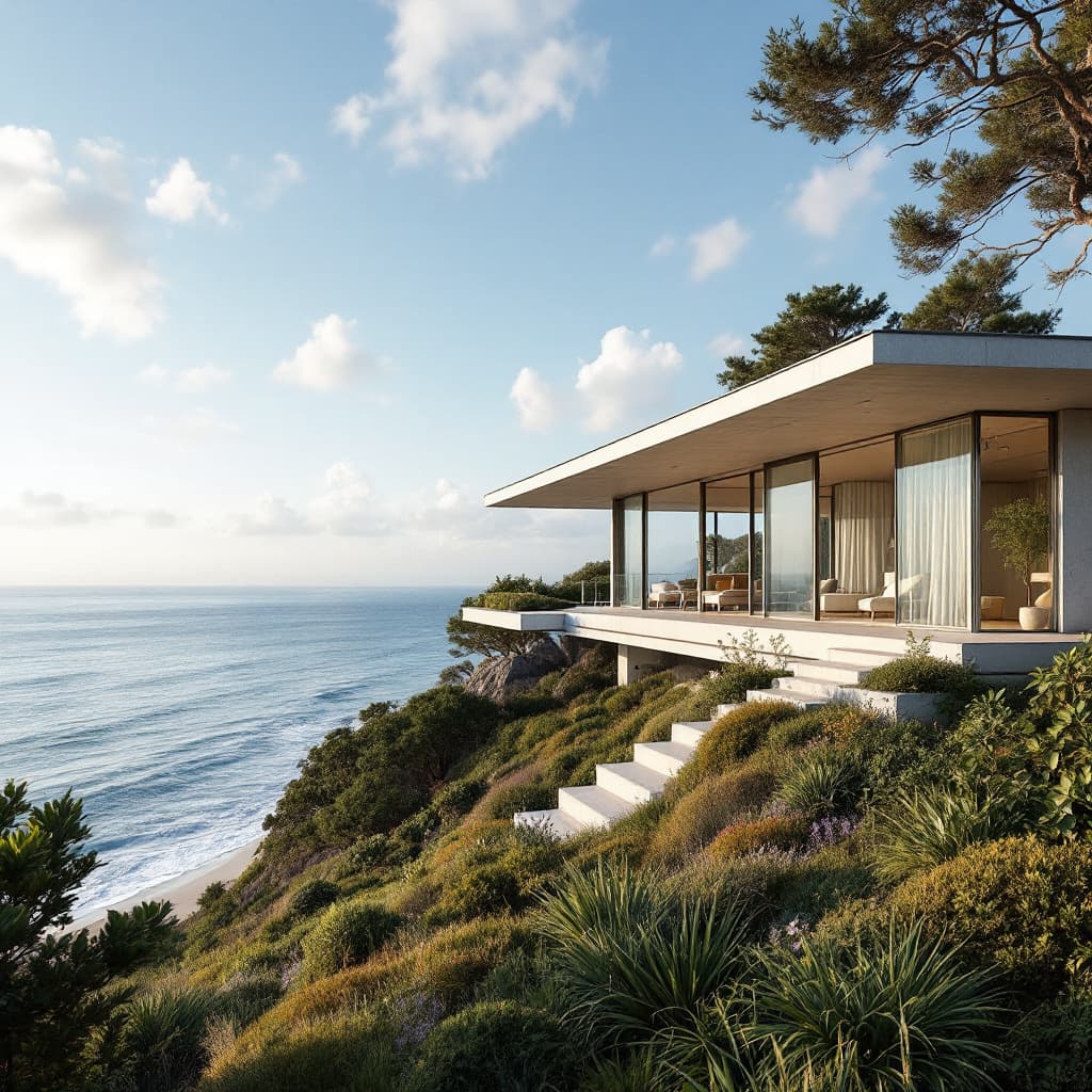 AI generated: Hyper realistic eye level exterior photo of a mid century modern style house overlooking the ocean, ...