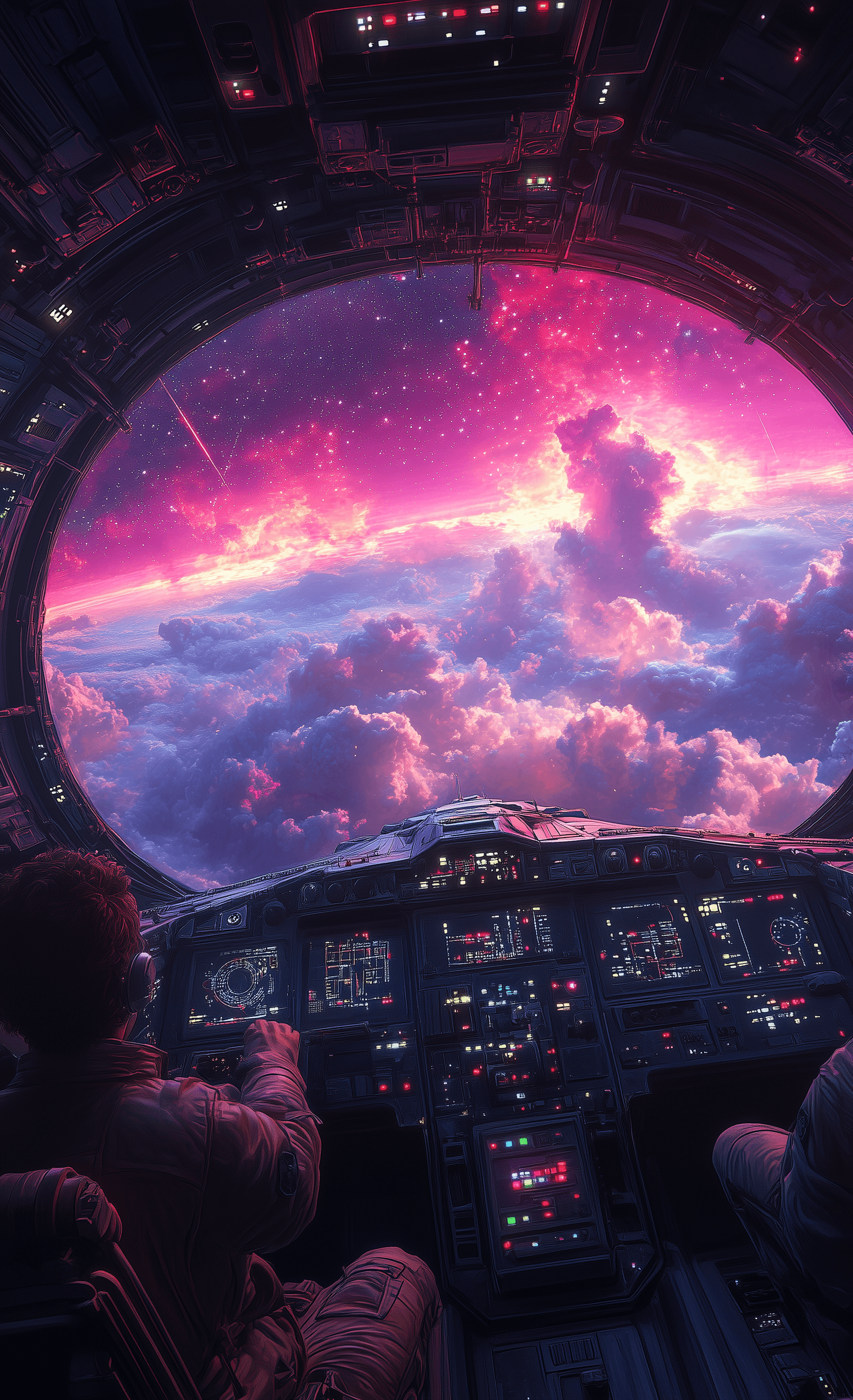 AI generated: Star Wars, a spaceship interior view of the bridge with two engine thrusters in front and one behind...