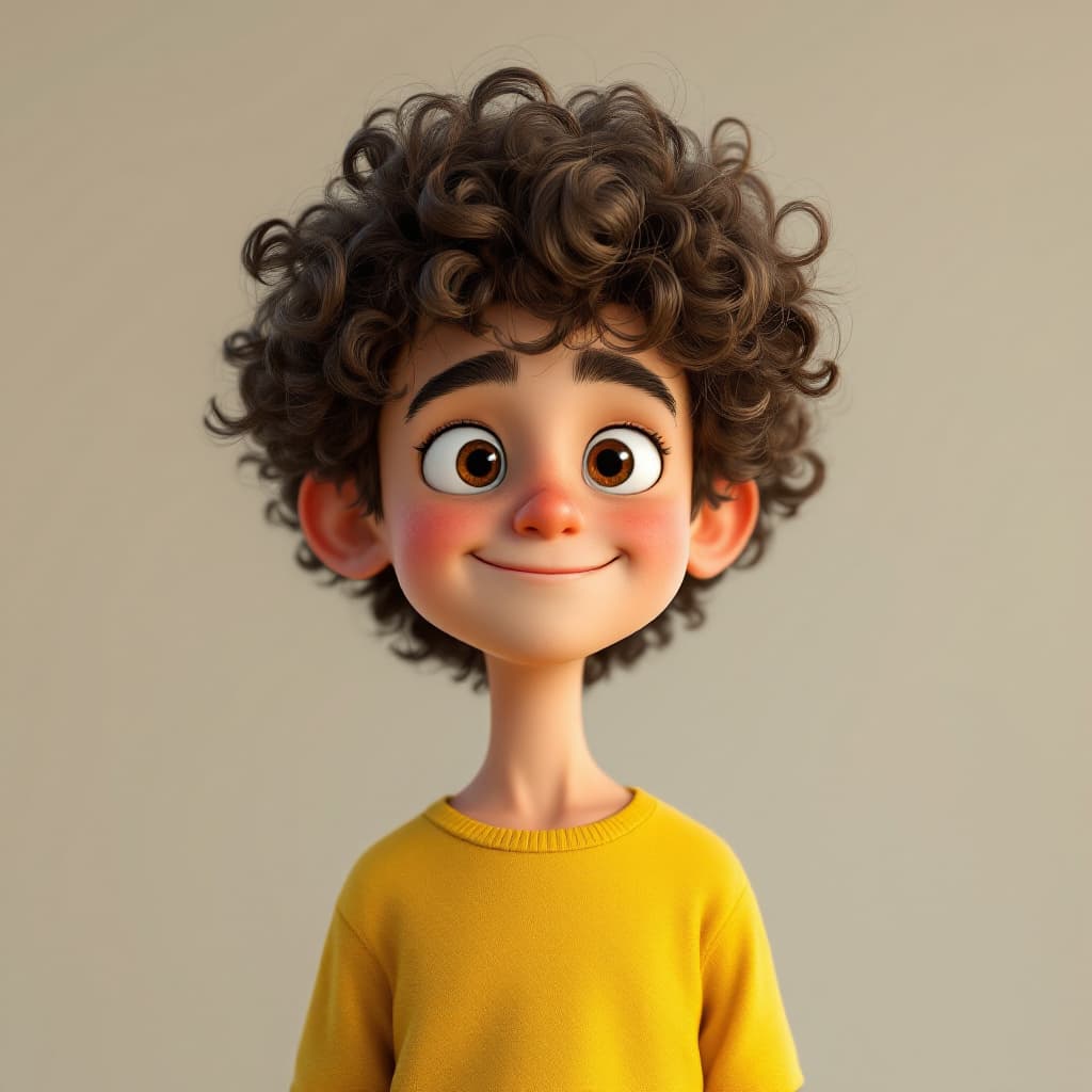 AI generated: a boy with curly hair and yellow shirt, in the style of rendered in cinema4d, charming characters, i...