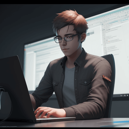 AI generated: a young man wearing glasses is using a laptop, a computer rendering by senior character artist, tren...