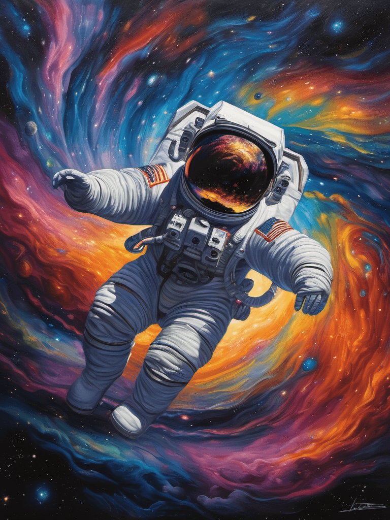 AI generated: A disoriented astronaut, lost in a galaxy of swirling colors, floating in zero gravity, grasping at ...