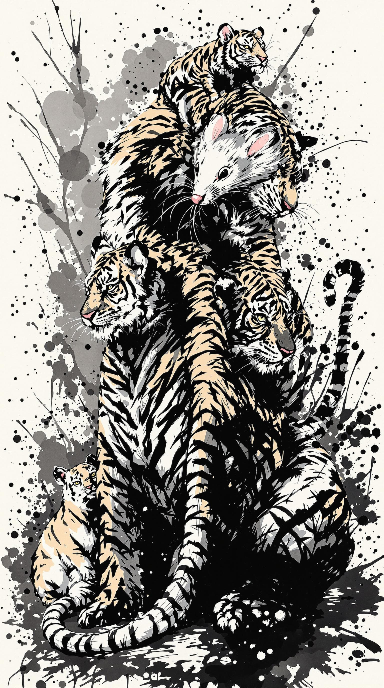 AI generated: a tiger and two tiger cubs, and a oversized mouse,ferocious, detailed,full-body shots,ink style,Ink ...