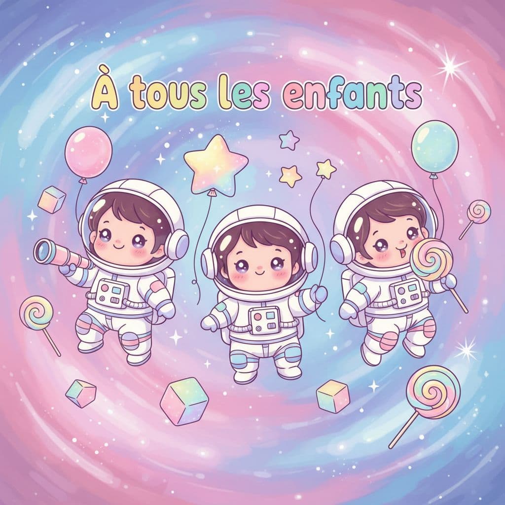 AI generated: Cute cartoon-style astronauts with big innocent, sparkling eyes, floating in pastel outer space (pin...