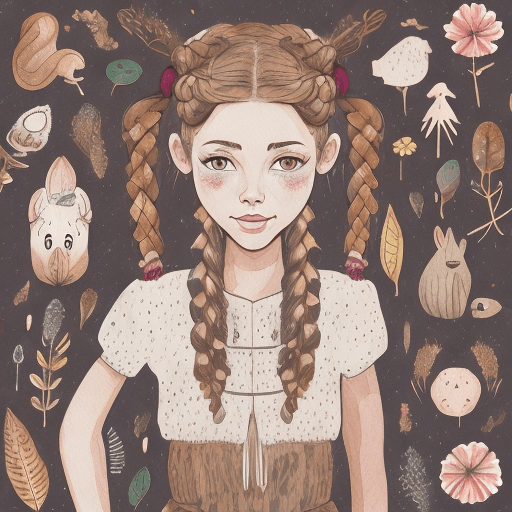 AI generated: watercolor style character Little country girl with braids a white dress without a scarf, Caucasian ...