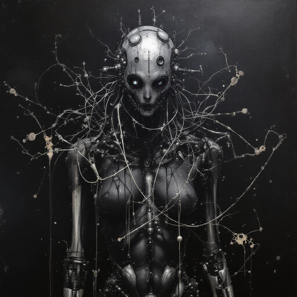 AI generated: artistic, oil painting, front view, upper body, heavy brushed, sci-fi, bizarre mechanical human, gaz...