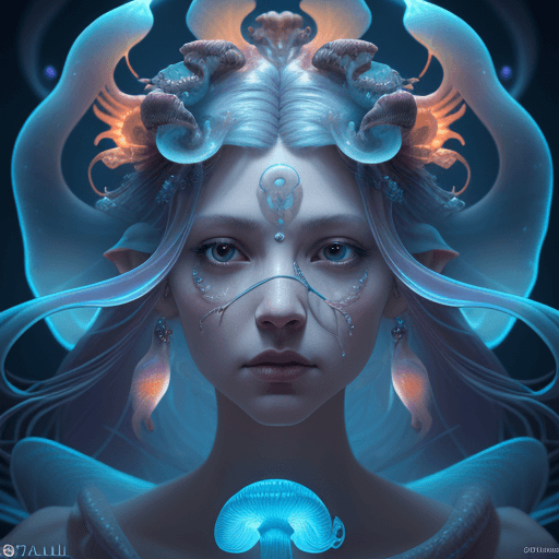 AI generated: Goddess close-up portrait ribcagel. jellyfish phoenix head, nautilus, orchid, skull, betta fish, bio...