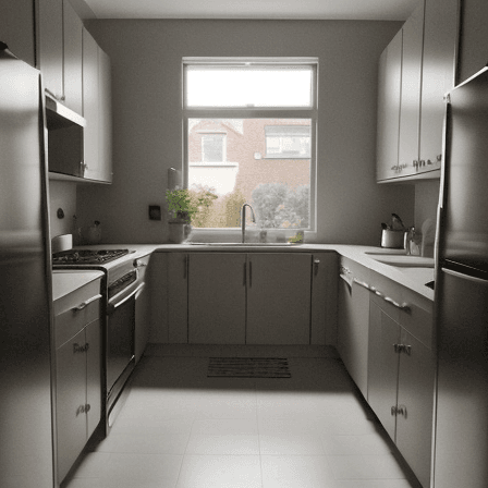 AI generated: kitchen with front perspective looking towards a sink under a window, with a door on the left of the...