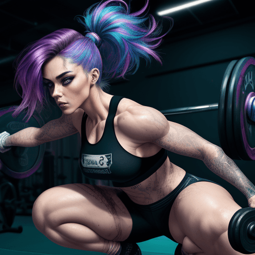 AI generated: aesthetic, painterly style, modern ink, Anglina Jole training at the gym doing squats, intense, sens...