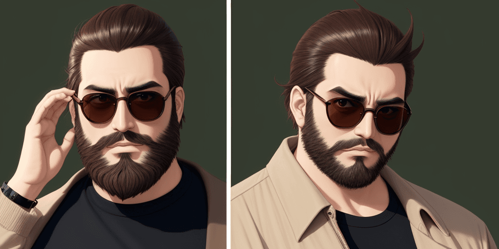 AI generated: man with brown beard, wears Balenciaga-style sunglasses, ghibli anime version.