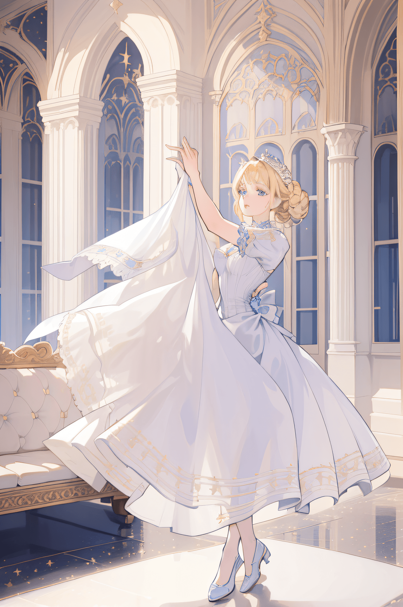 AI generated: Woman with blonde hair, blue eyes, white dress, dancing, royalty, nobility, princess, elegant, victo...