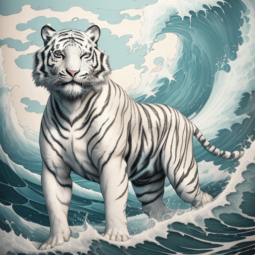 AI generated: white tiger in the waves art print, in the style of kōji morimoto, neo-traditional japanese, john bl...