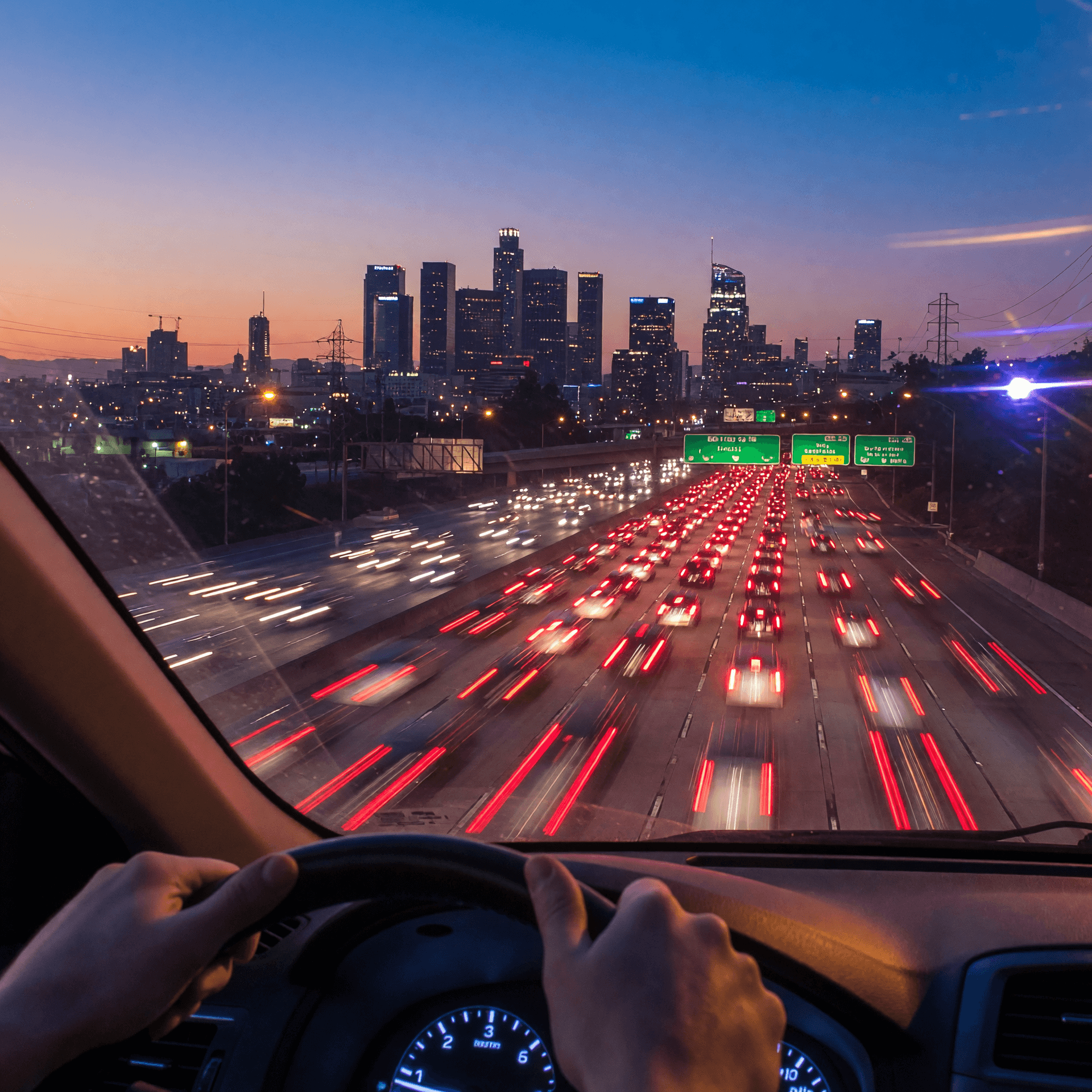 AI generated: End-of-day rush hour on a Los Angeles freeway, POV from the driver’s seat; lower frame shows a sligh...