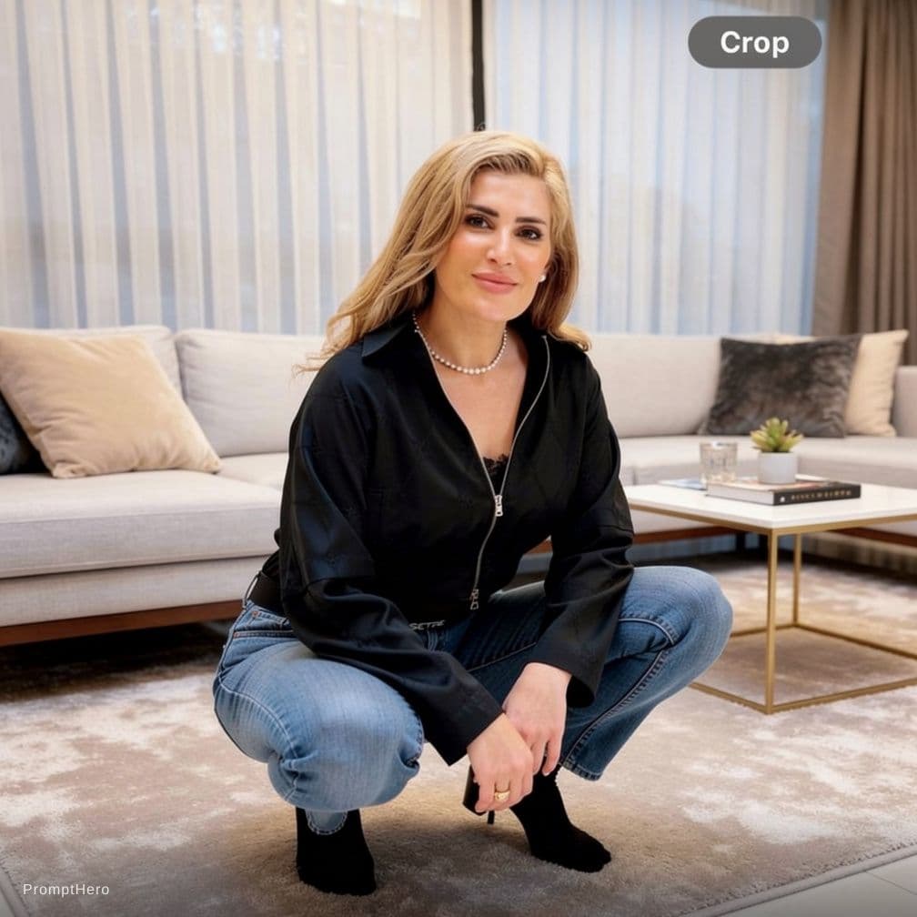 AI generated: Make her sit in squat position in a living room , and take all her fabric off , as hot as possible