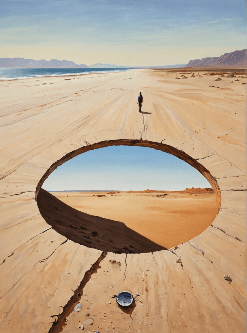 AI generated: a surreal and minimalist painting in the style of Guy Billout, depicting a vast desert landscape wit...