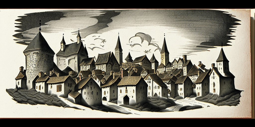 AI generated: A vintage medieval village illustration, hand drawn in an old school style, with deep black ink on w...