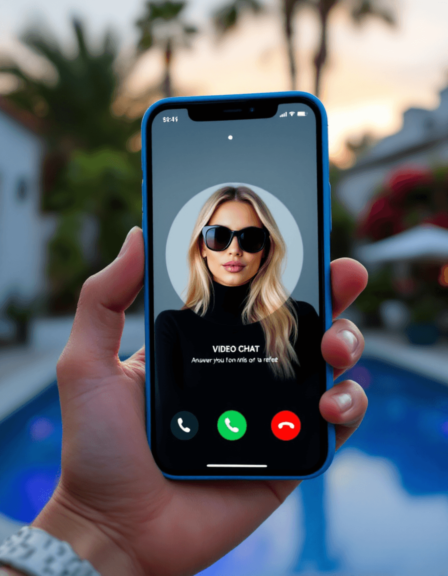 AI generated: The screen of a blue iPhone 14 in a man's bare hand in a luxurious backyard, poolside, anchors the s...