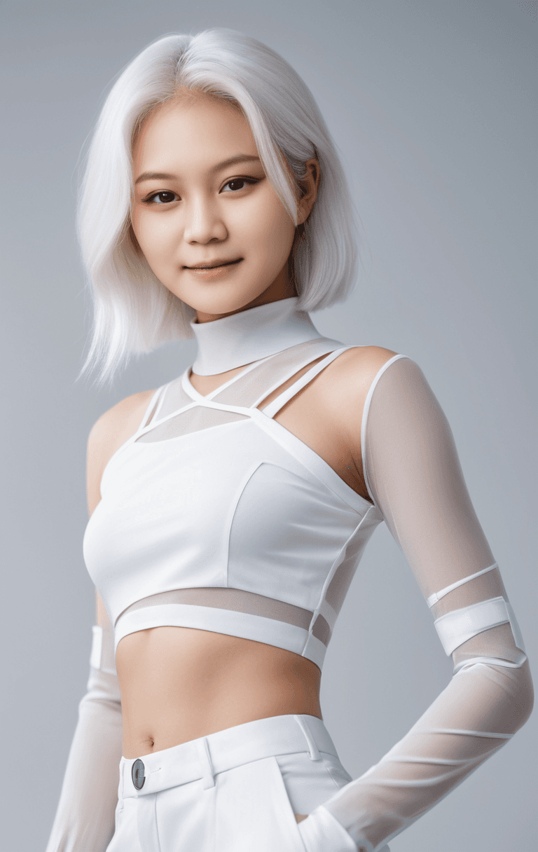AI generated: A stunning digital render of a 20-year-old Asian-European mixed young Japanese woman with white hair...