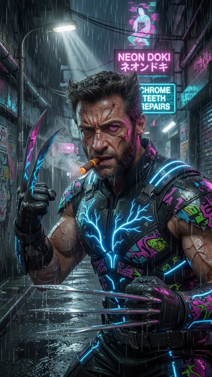 AI generated: A breathtaking hyper-realistic portrait of Wolverine (Logan) in a gritty cyberpunk alley, heavy rain...