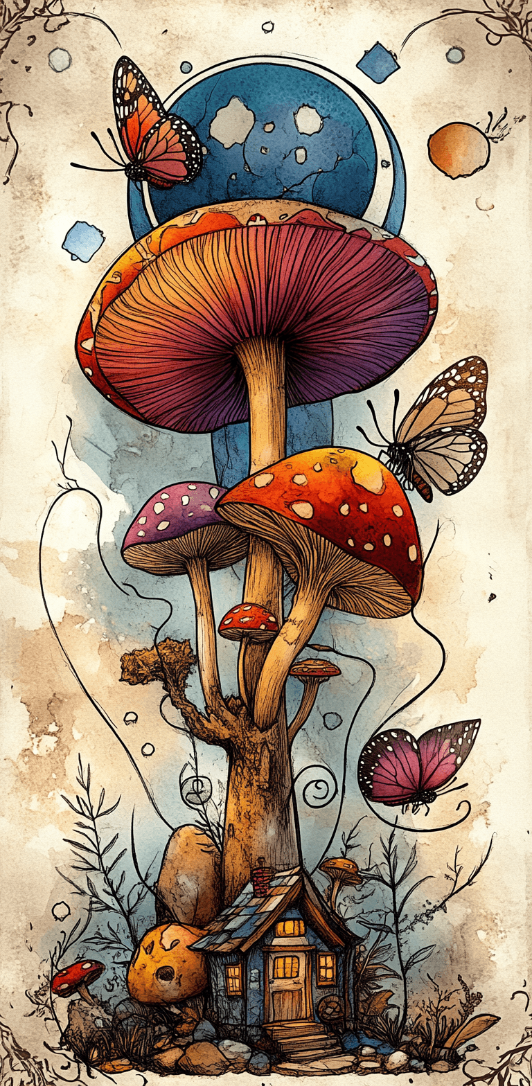 AI generated: A psychedelic watercolor illustration of mushrooms and butterflies in the night sky, forest core, co...