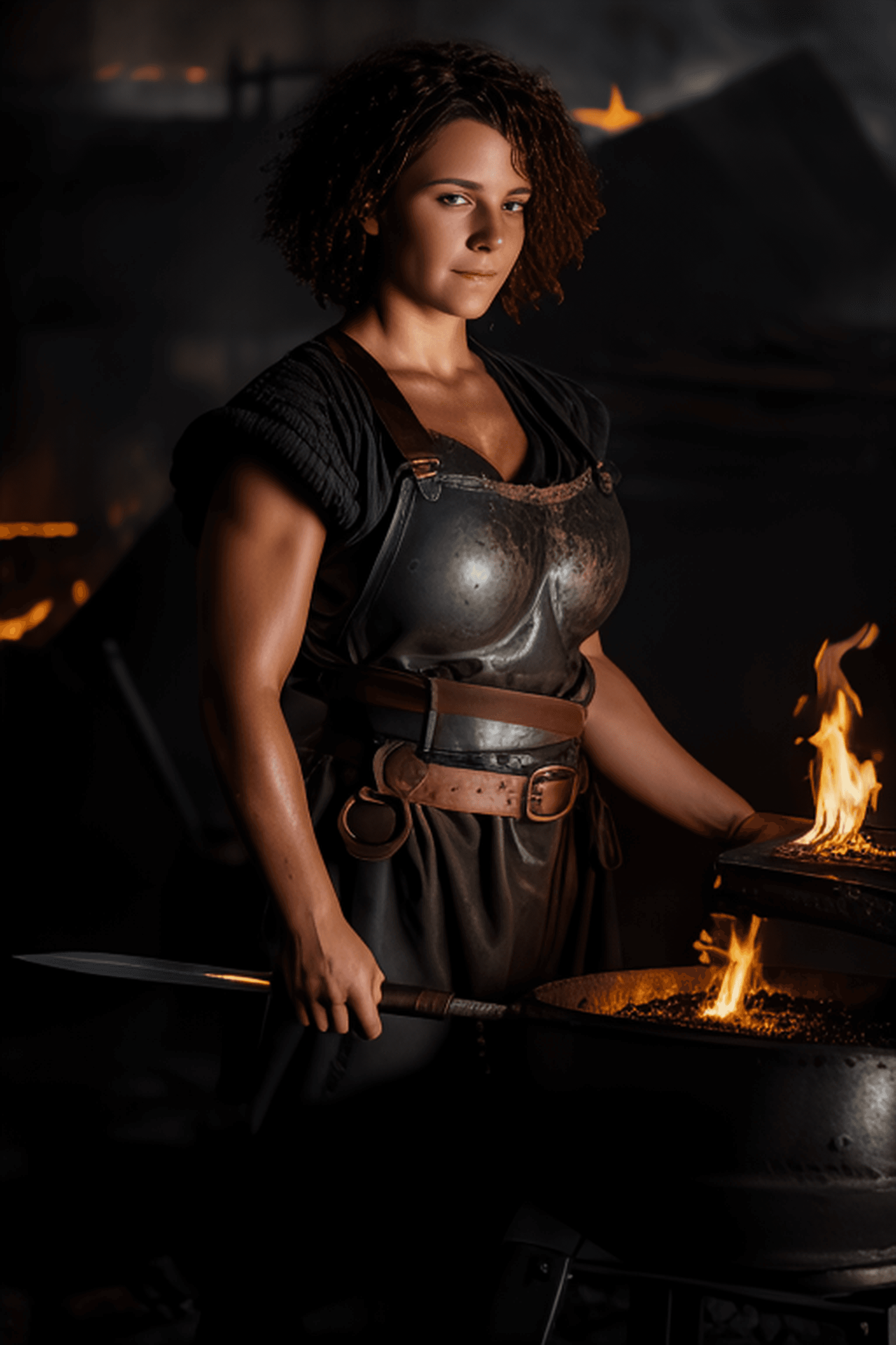 AI generated: RAW medium portrait of a strong female blacksmith, pale skin, short messy curly fire red hair, (stan...