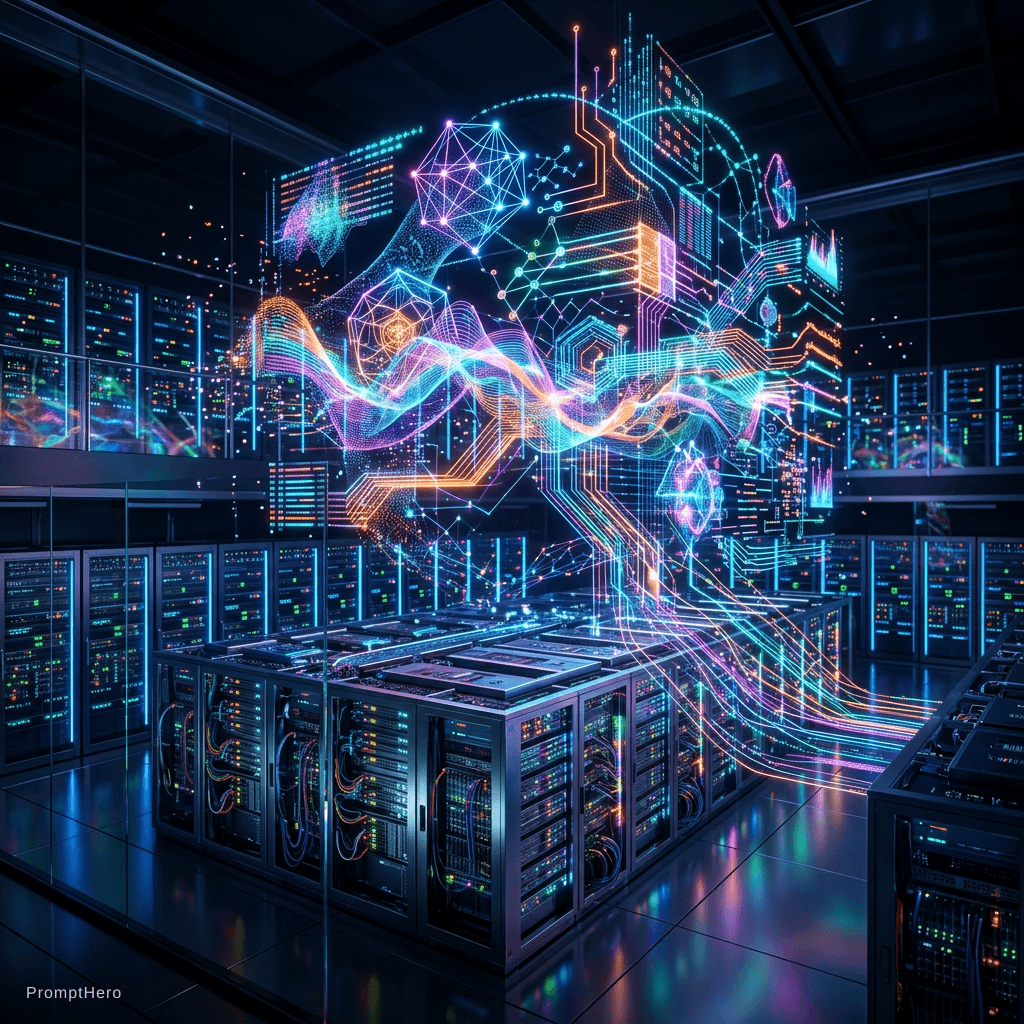 AI generated: Holographic light display of a super computer 
