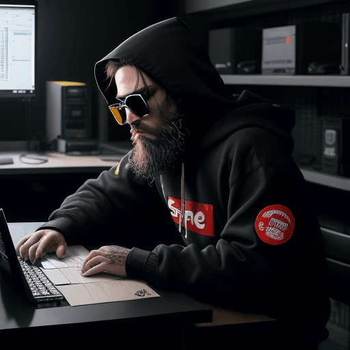AI generated: hacker, darkroom, coder, computer, man, medium beard, cool, grunge, (typing), ultra detailed detaile...