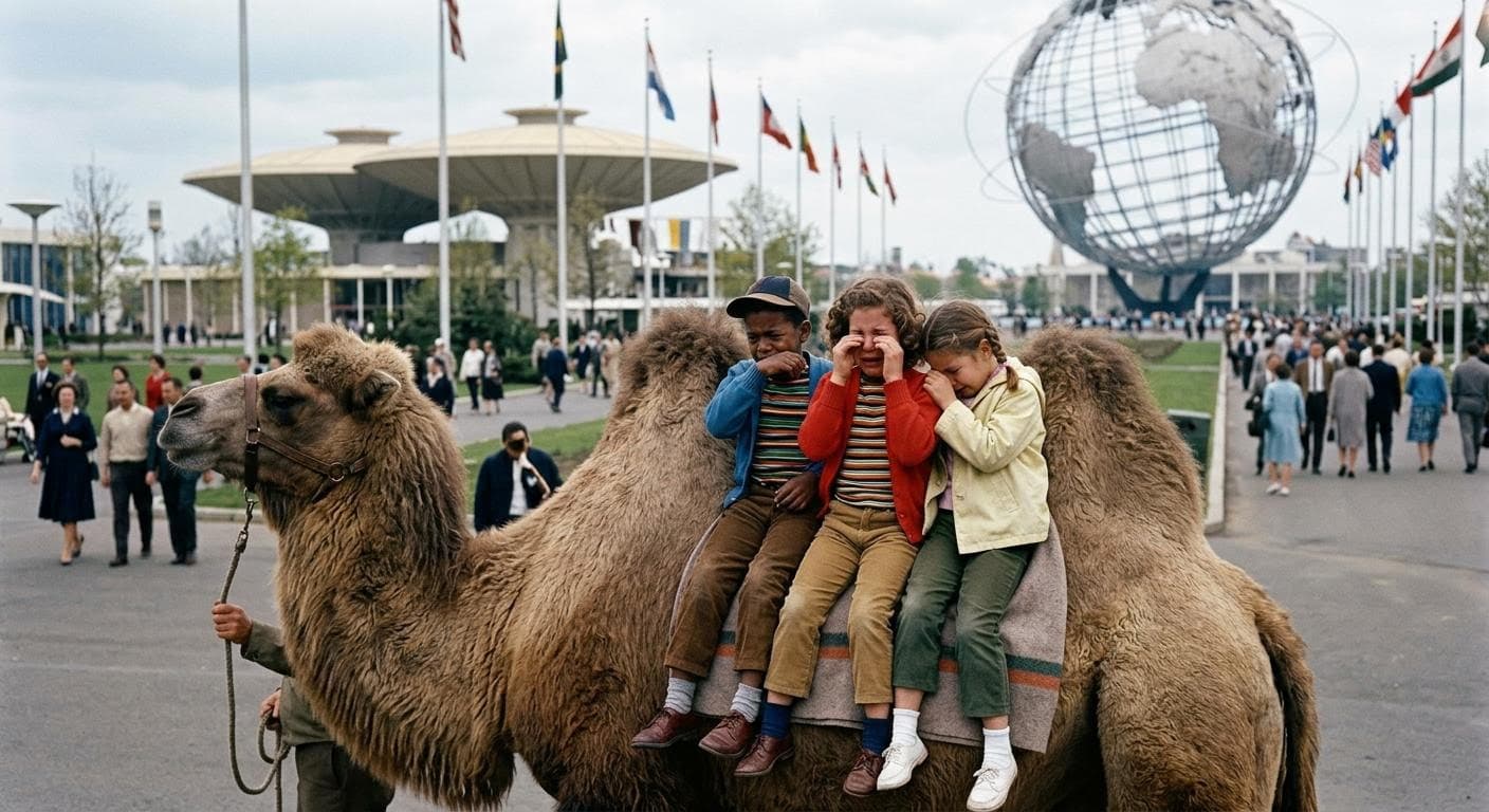 AI generated: background image of the New York World's Fair with a foreground image of a 2 hump camel with 3 multi...