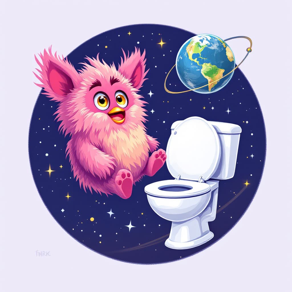 AI generated: Furby and a toilet orbiting earth.