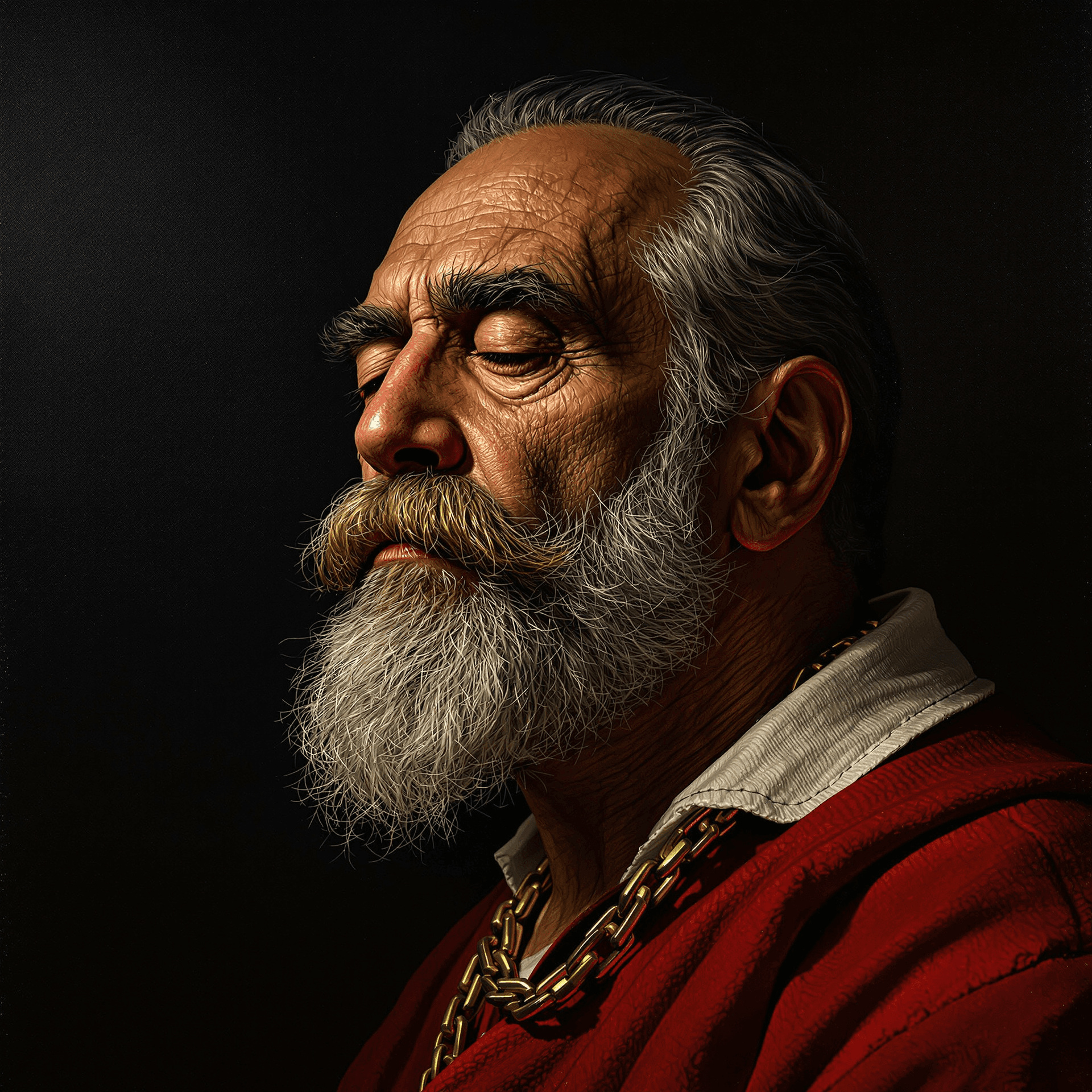 AI generated: a painting by Rbns, The image portrays a detailed portrait of an older man with a thick beard and mu...
