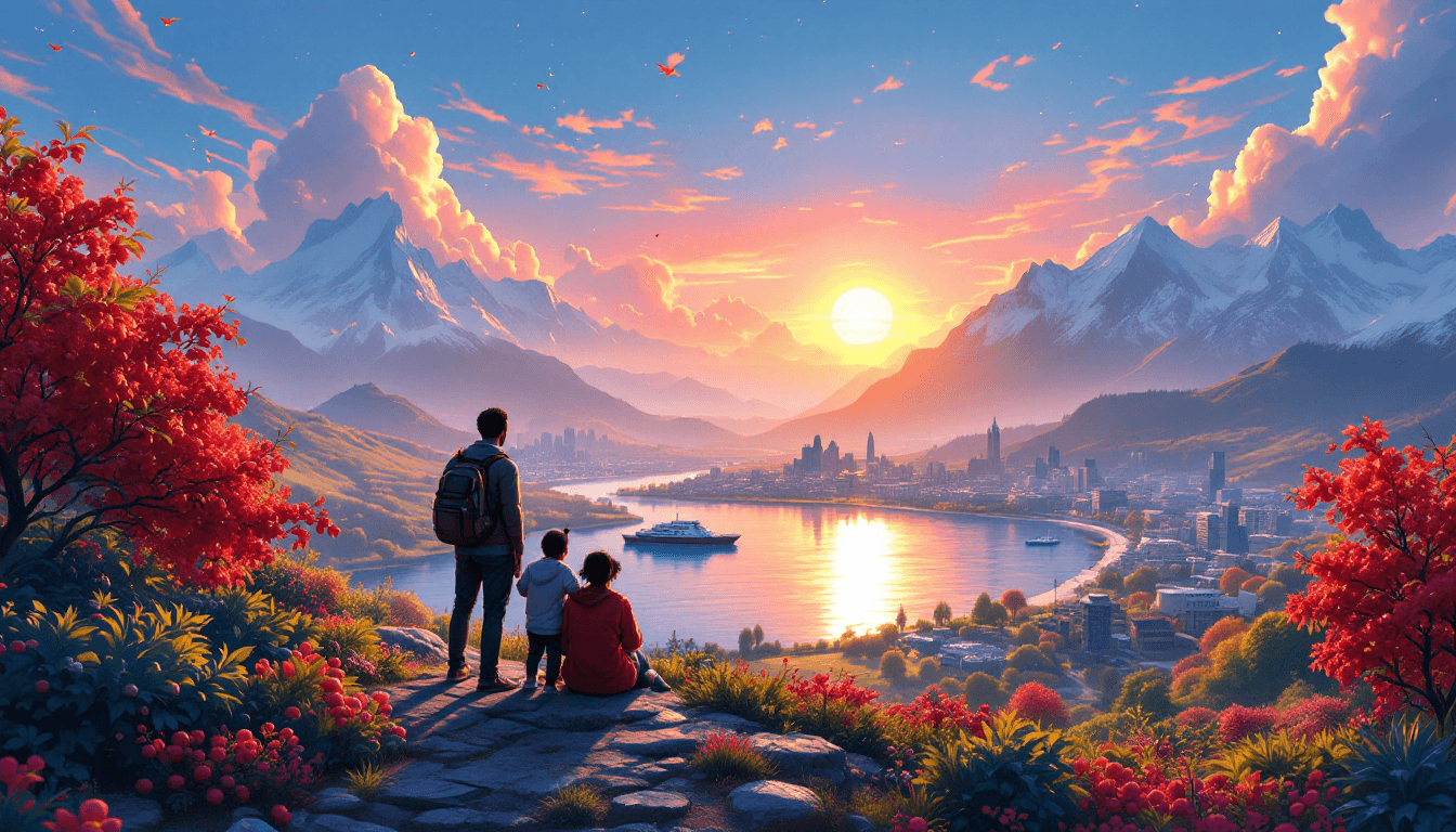 AI generated: Create a futuristic image displaying Freedom using travel, land, family, friends, fruit trees, a lak...