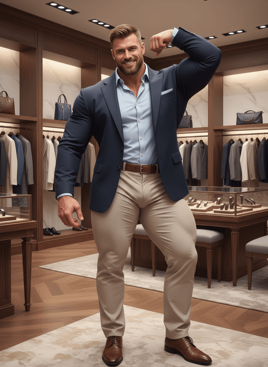 AI generated: At a very luxurious clothing store. His pants are beige, he has a dress baby blue shirt long sleeve....