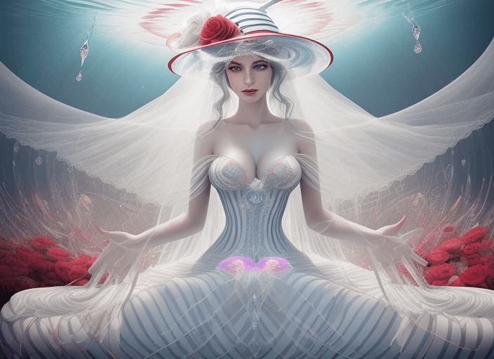 AI generated: Extreme Wide Shot, Surreal scene of the striped form lady, emerging from lady Hat wavy striped liqui...