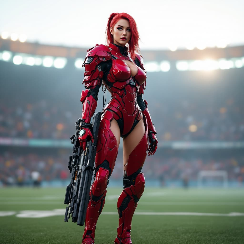 AI generated: (((gorgeous female) )), dressed as gorgeous cyborg female in red combat armor, red boots, big cyber ...