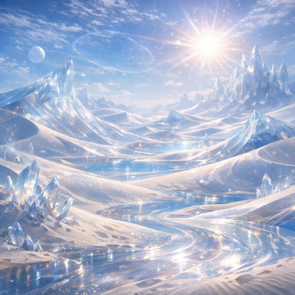 AI generated: Create a unique environment/Biome of a Sand → The Glass Dunes (shimmering deserts)

