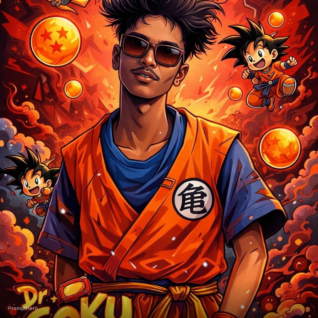 AI generated: dragon ball, portrait of dr goku, in the style of street art aesthetic, cute cartoonish designs, pho...