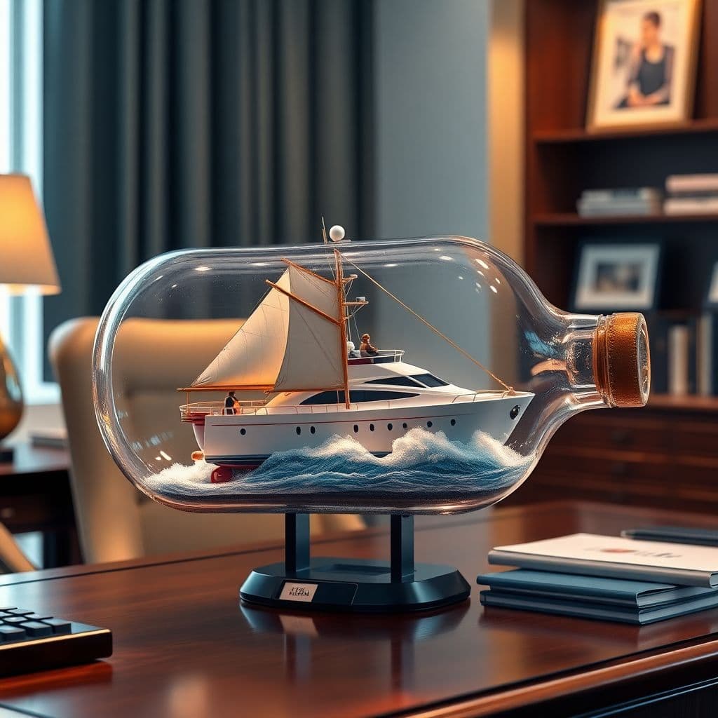 AI generated: A realistic ship in a bottle, featuring a ((2005 68 foot Lazarra ((enclosed)) fly bridge)) luxury su...