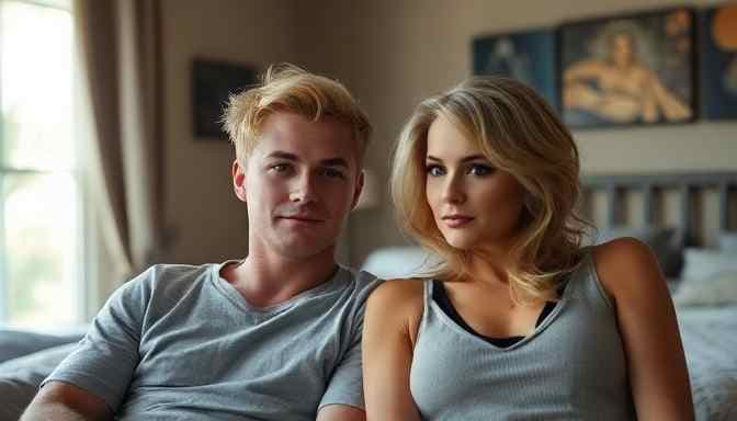 AI generated: 25 years old man with blonde hair sitting with a 40 years old transgender woman in a cozy bedroom, n...