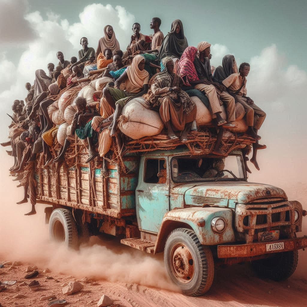 AI generated: A dusty battered truck in northern Africa, overloaded, people sitting on top. Impressive desert scen...