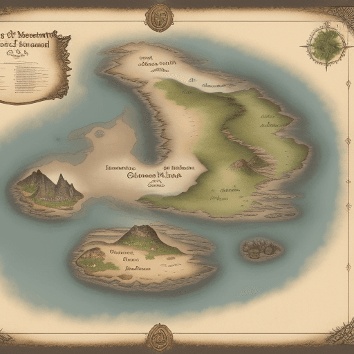 AI generated: Fantasy map, large main continent, 3 islands